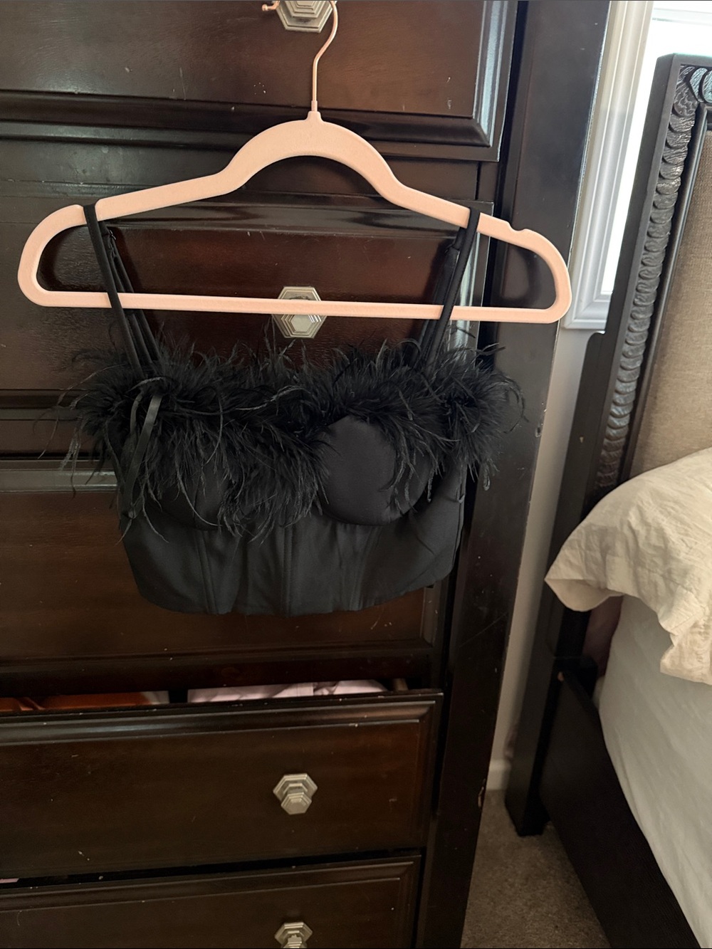 Windsor Black Feather-Trim Bustier Crop Top